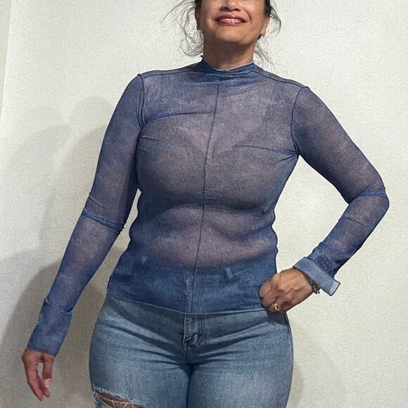 Zara Blue Sheer Long Sleeve Top Sz M - Picture 1 of 12